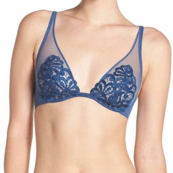 Maison Lejaby Blue Embroidered Sheer Mesh Plunge Bra 34B - Picture 1 of 10